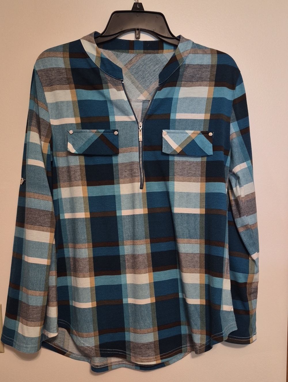 Blue & Green Plaid Half-Zip Shirt SZ L